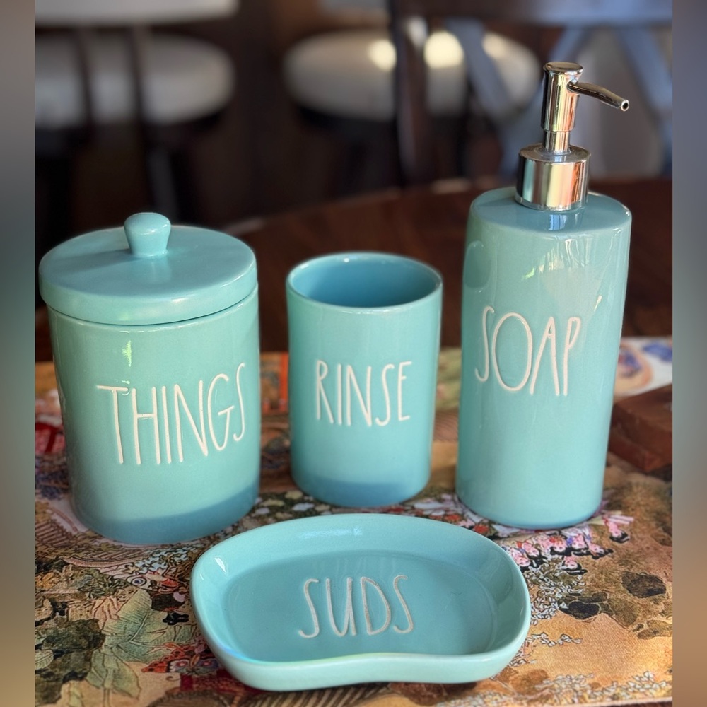 Rae Dunn TIFFANY BLUE 4 piece bathroom ceramic set
